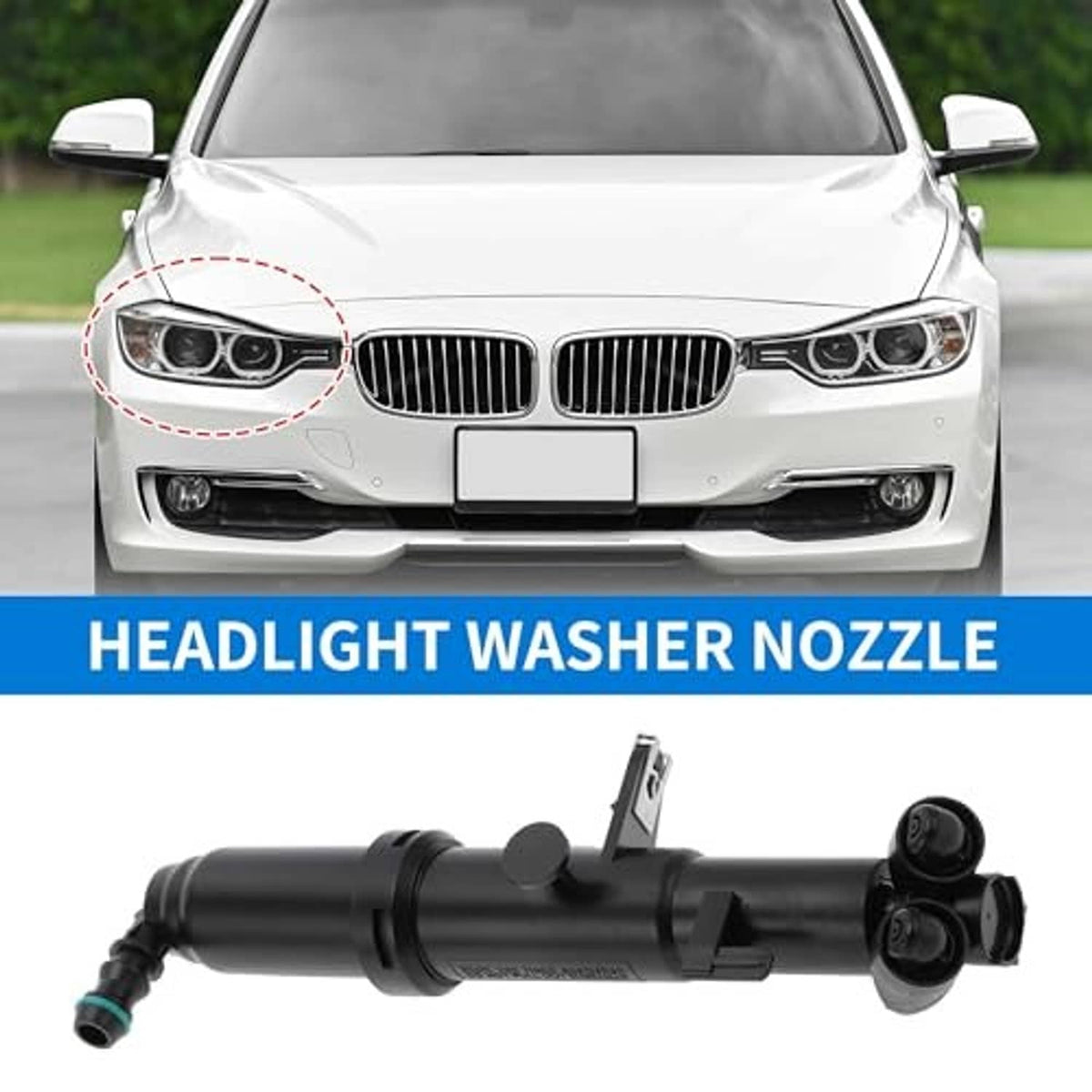 Headlight washer nozzle shown mounted on the front grille area, with two outlet heads