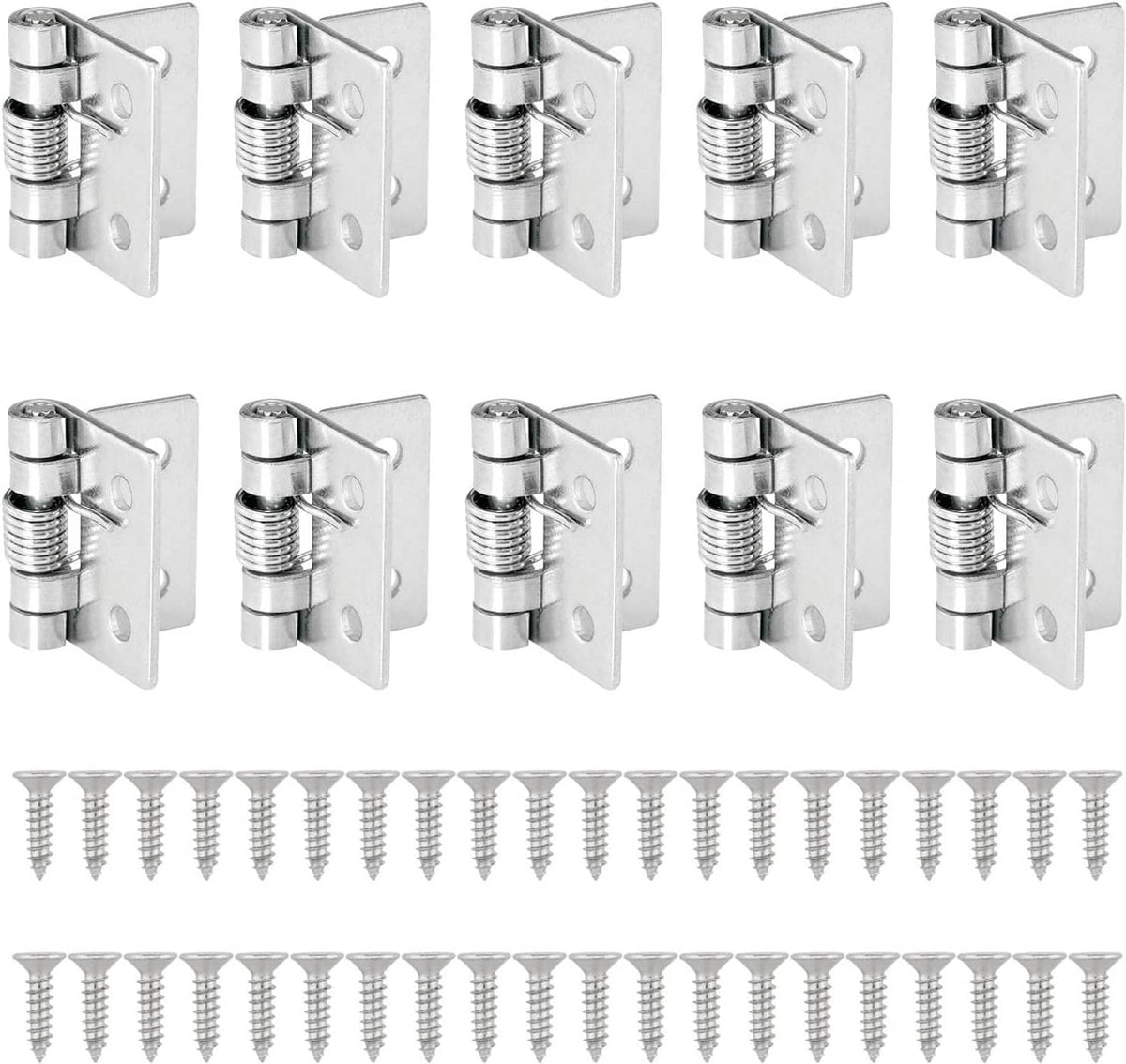 Spring-loaded push-pull hinge set with screws, silver finish, multiple pieces shown