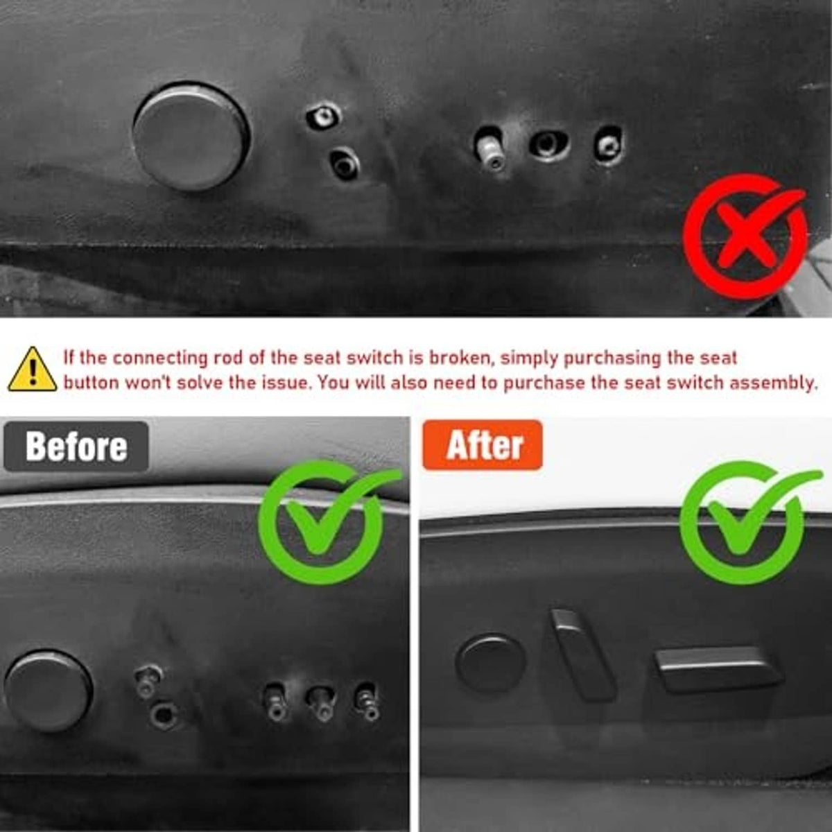 Before-and-after view of seat switch buttons with black covers installed.