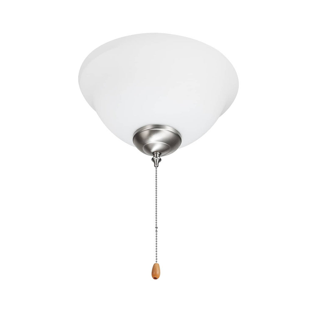 Bowl-shaped ceiling fan light kit with white cover and pull chain, brushed metal base