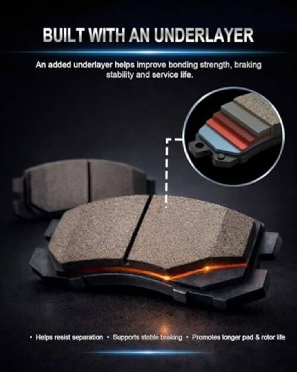 Ceramic brake pads with underlayer detail shown in circular inset