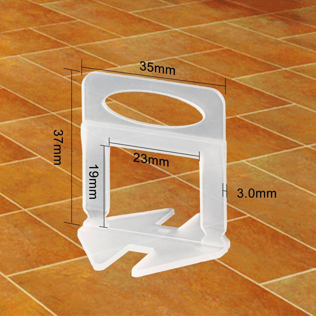 Clear tile leveling clips with spacer feet for 1/8 in tiles, shown with measurements