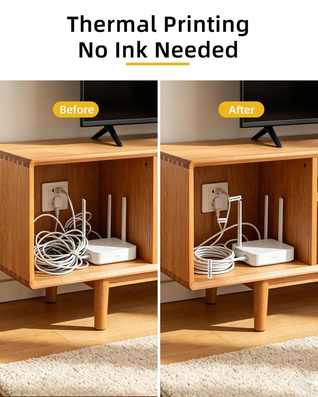 White ORGSTA label maker on a shelf beside neatly bundled cables