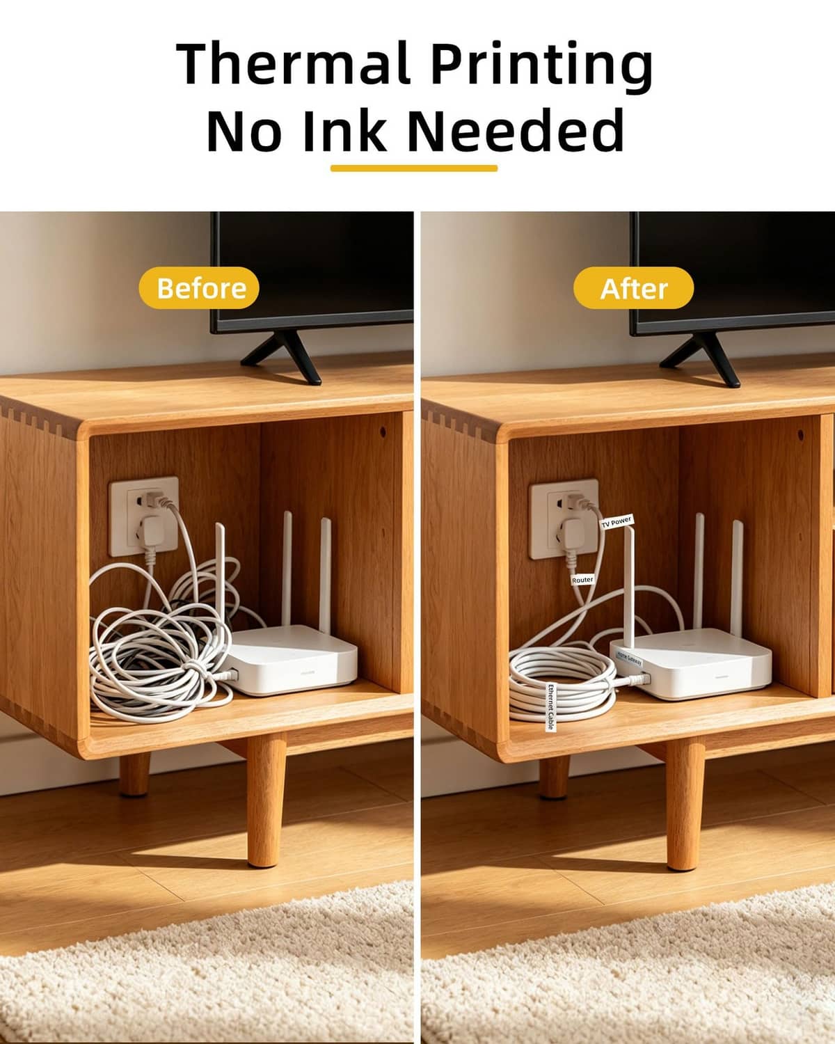 White ORGSTA label maker on a shelf beside neatly bundled cables
