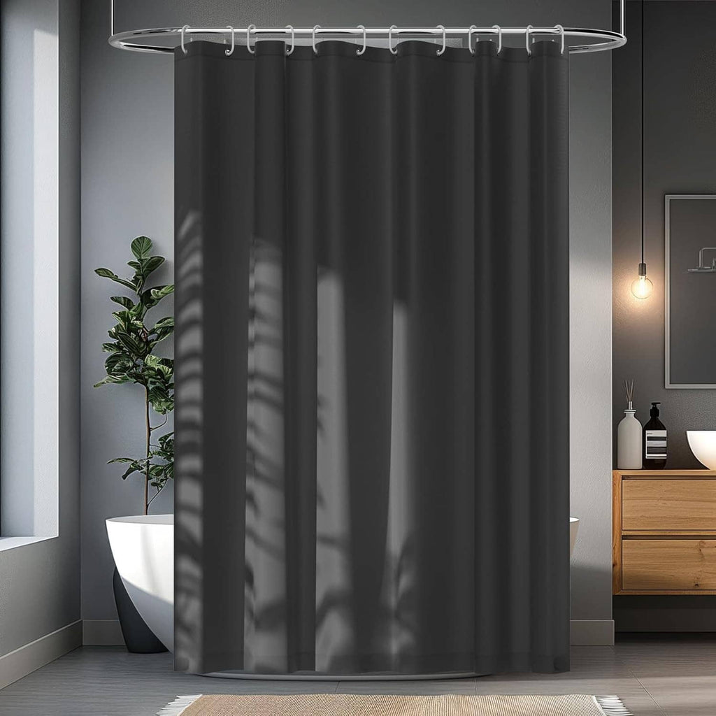 Charcoal gray shower curtain liner with ring attachment top