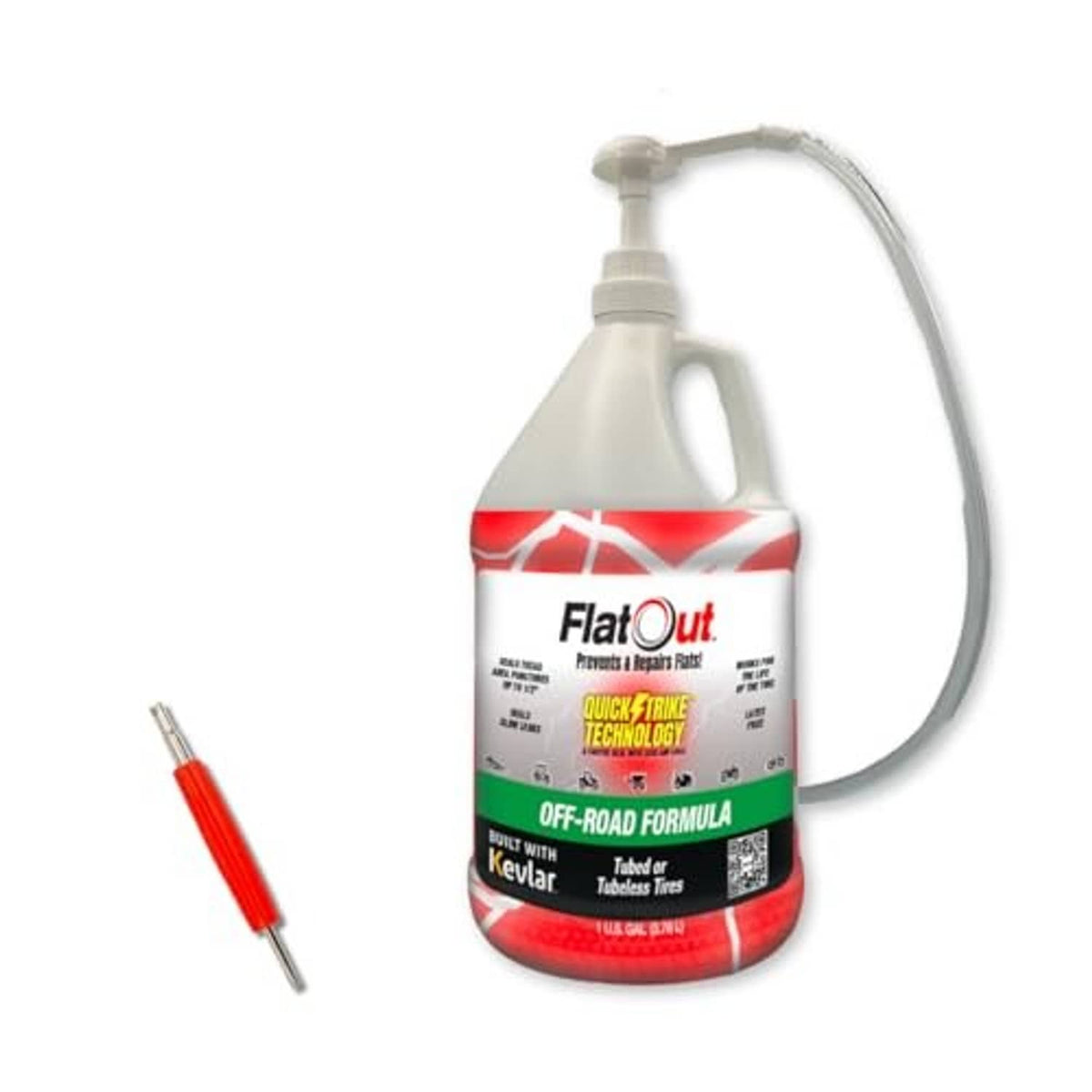 QuickStrike tire sealant jug with red/white label and clear dispensing hose