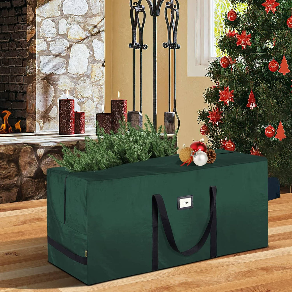 Green extra large Christmas tree storage bag with two wide handles and front zipper