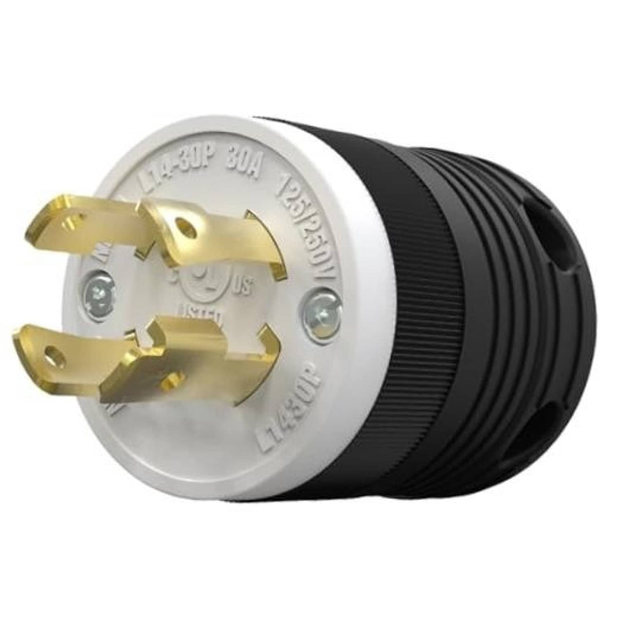 Generator twist-lock plug with brass 3-prong insert and silver face on black ribbed housing