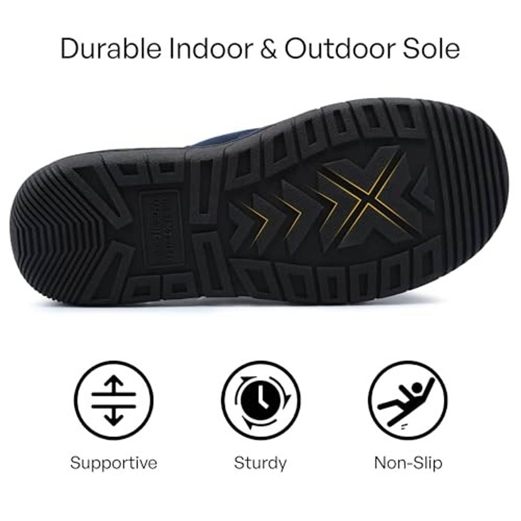 Blue slip-on slipper showing dark rubber outsole tread for indoor and outdoor grip