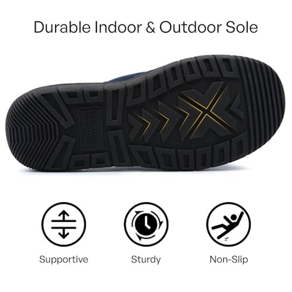 Blue slip-on slipper showing dark rubber outsole tread for indoor and outdoor grip