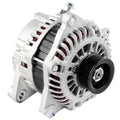 Automotive alternator with black pulley and red coil windings on silver vented housing