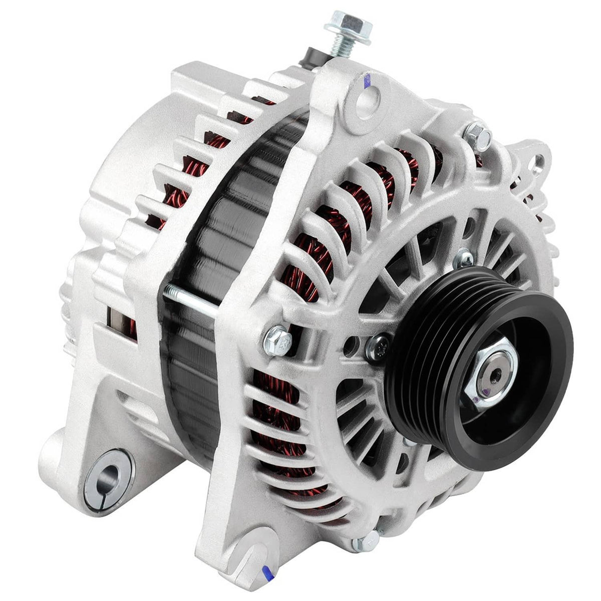 Automotive alternator with black pulley and red coil windings on silver vented housing