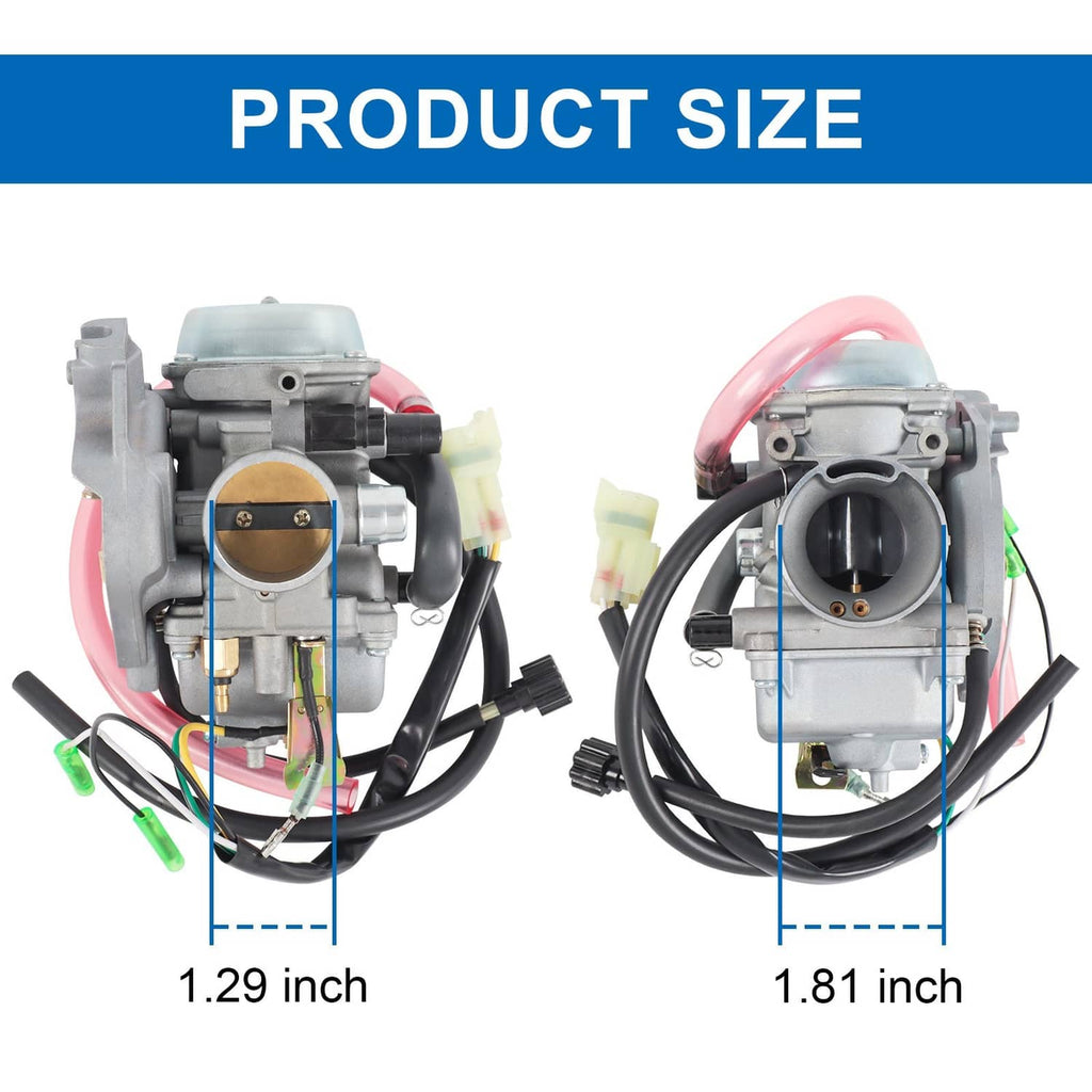 Carburetor assembly shown from front and side with attached hoses and wiring