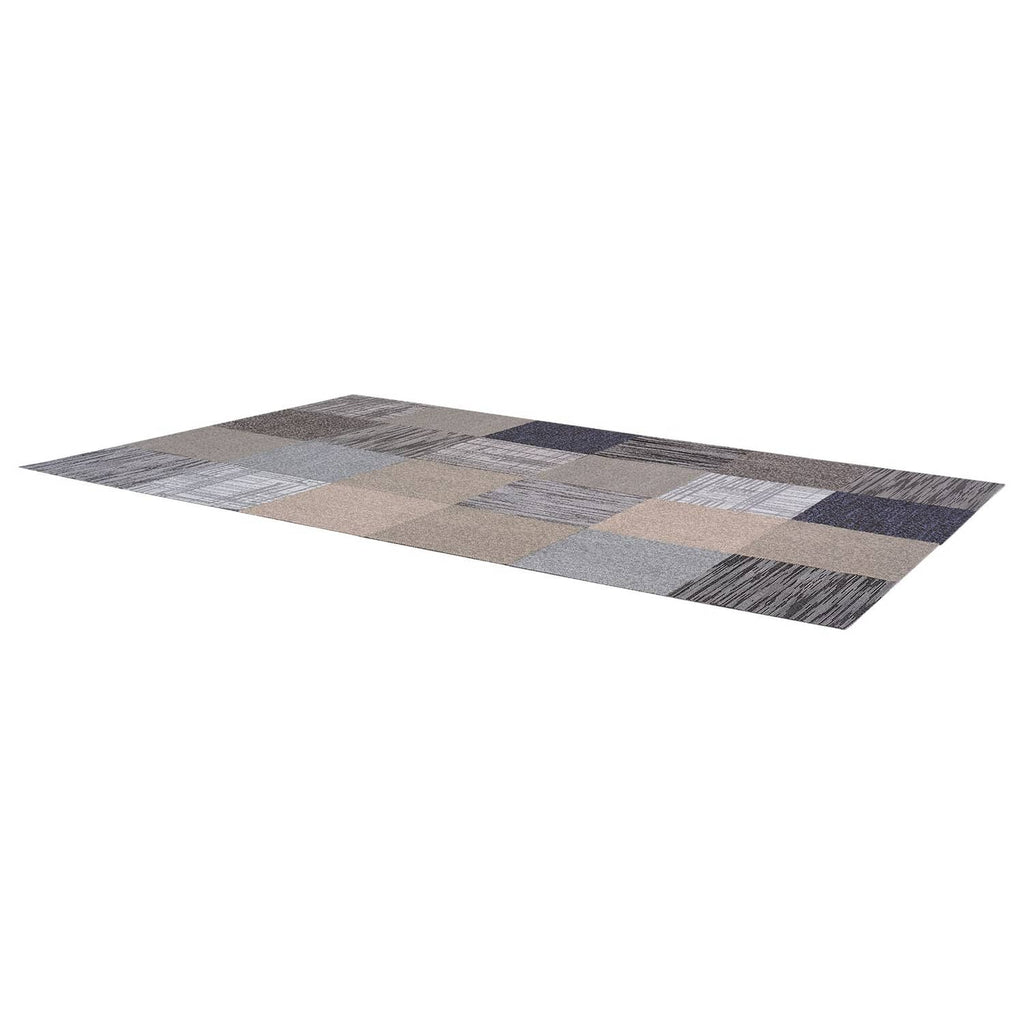 Patchwork modular carpet tiles spread out in multicolor square layout