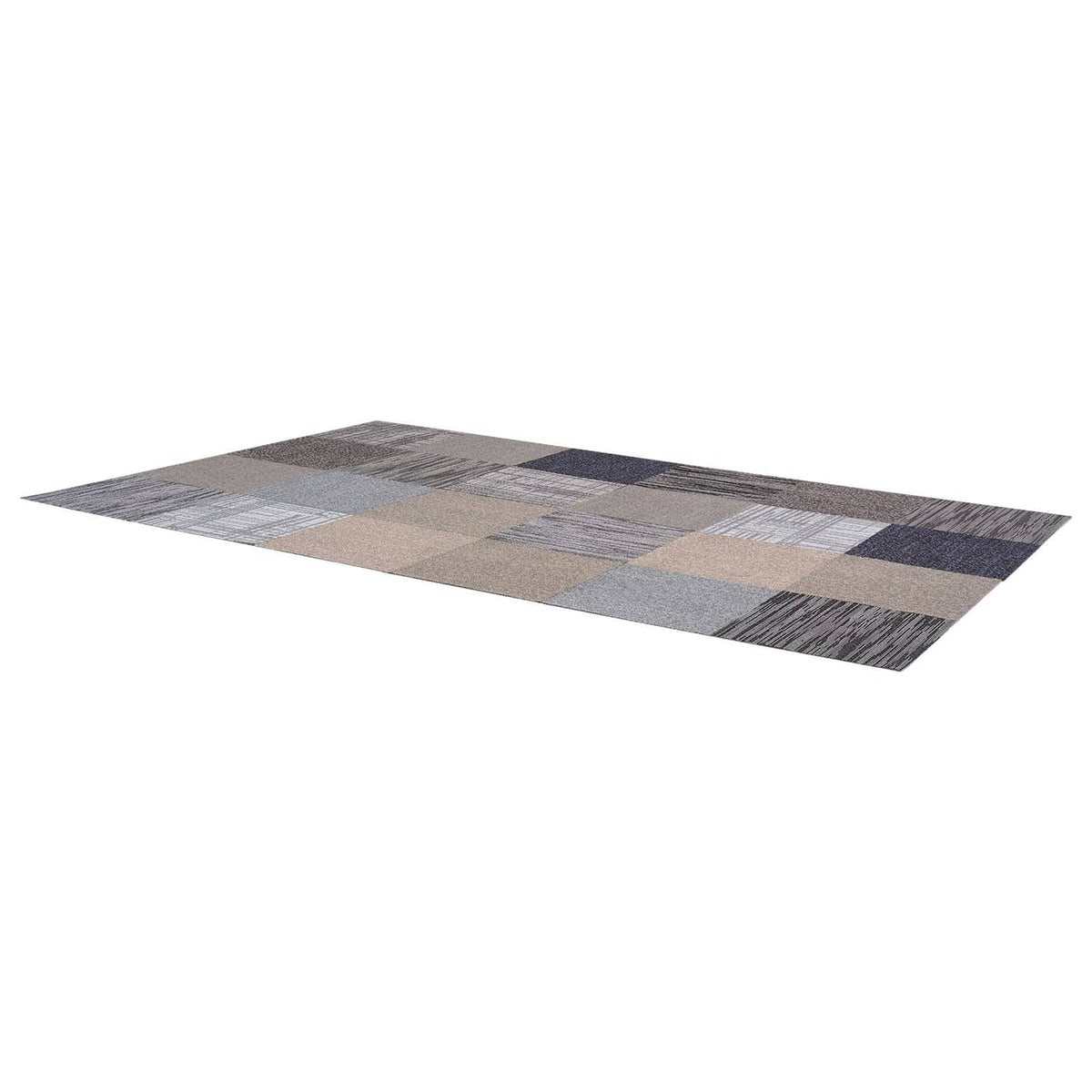 Patchwork modular carpet tiles spread out in multicolor square layout