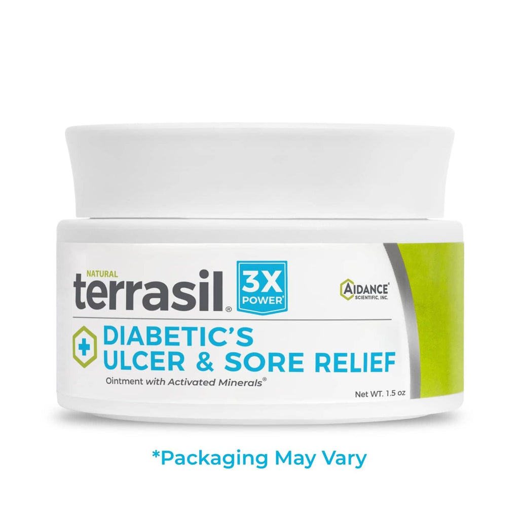 Foot ulcer relief cream jar with Terrasil label, Diabetic's ulcer & sore relief text.