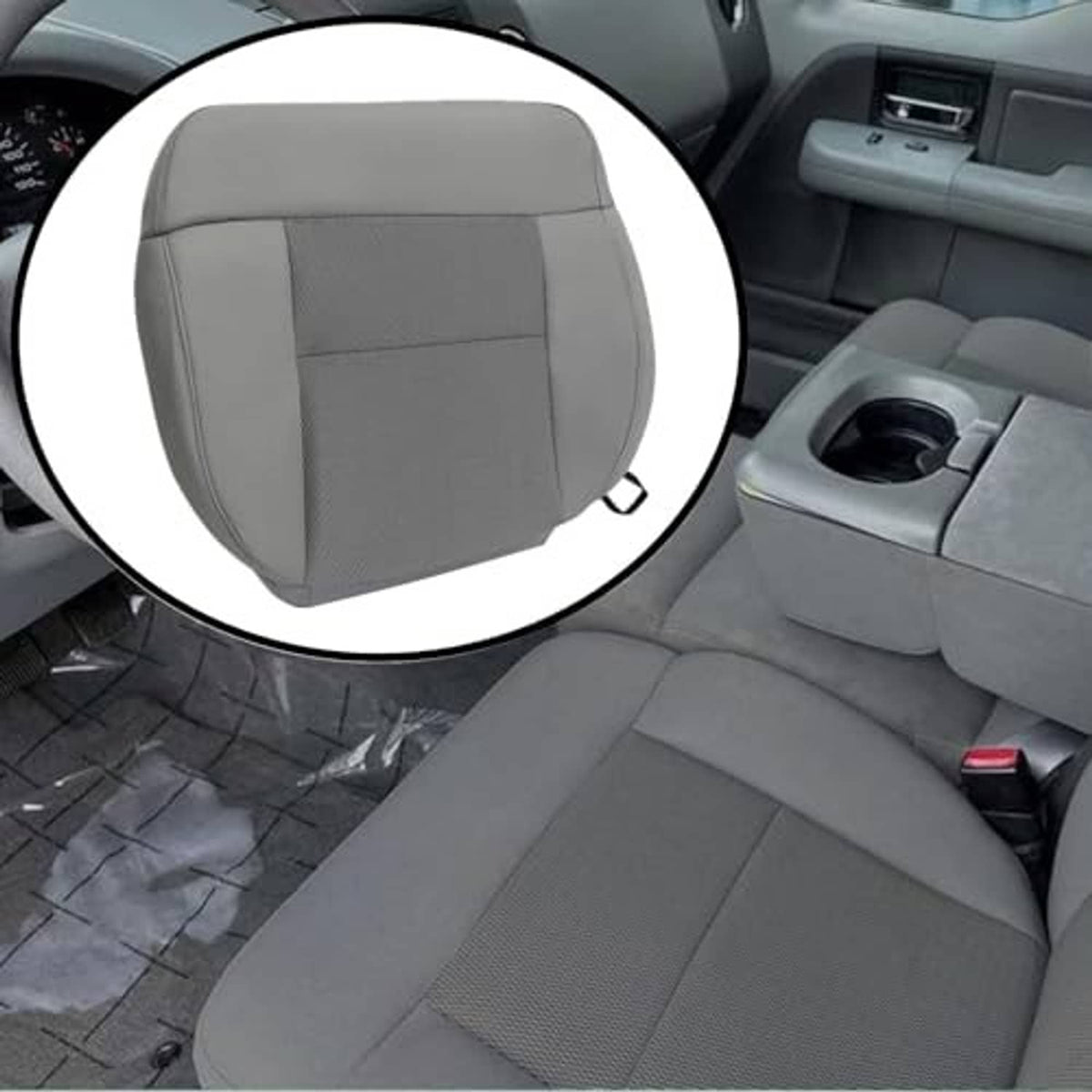 Gray car seat cover with headrest, stitched panels, and armrest opening