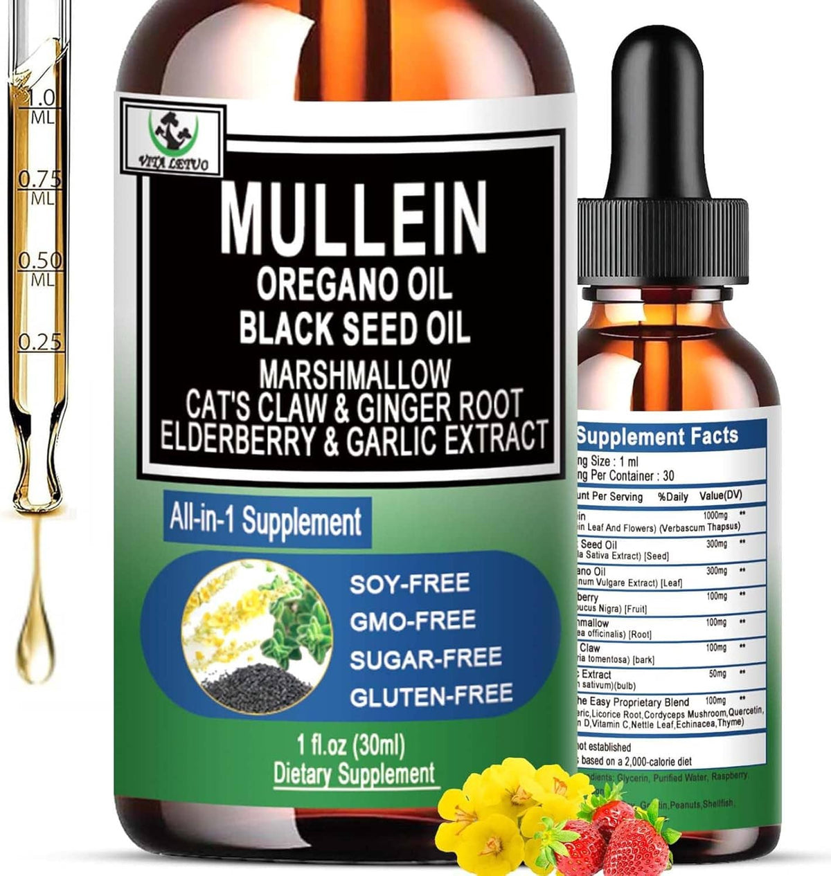 Mullein supplement bottle with dropper, front label text and small supplement facts block