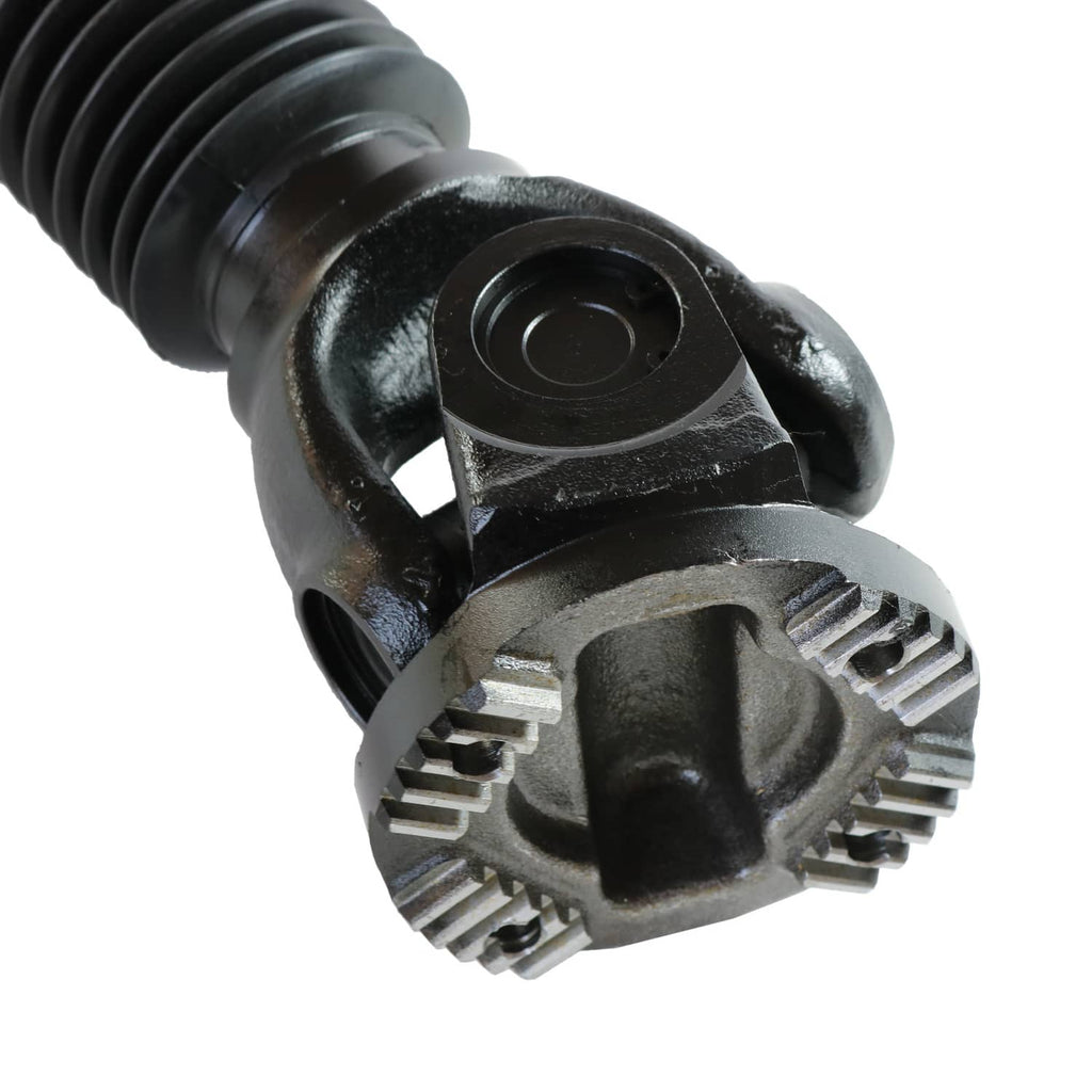 Front drive shaft u-joint yoke with toothed splines and black protective housing