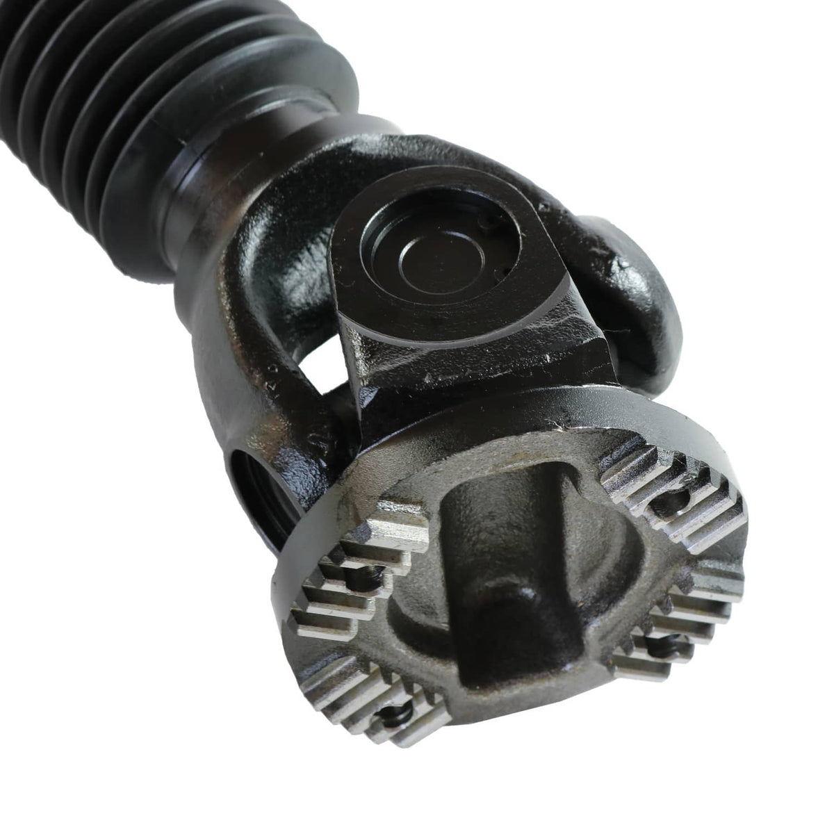 Front drive shaft u-joint yoke with toothed splines and black protective housing