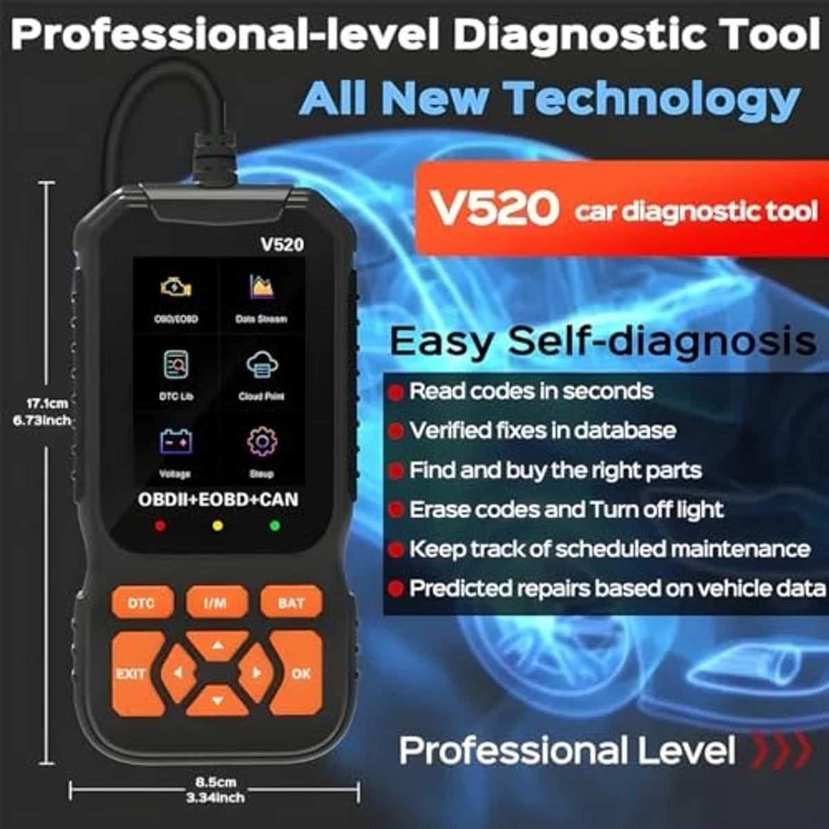 OBD2 car diagnostic tool with V520 display and orange function keypad, attached cable