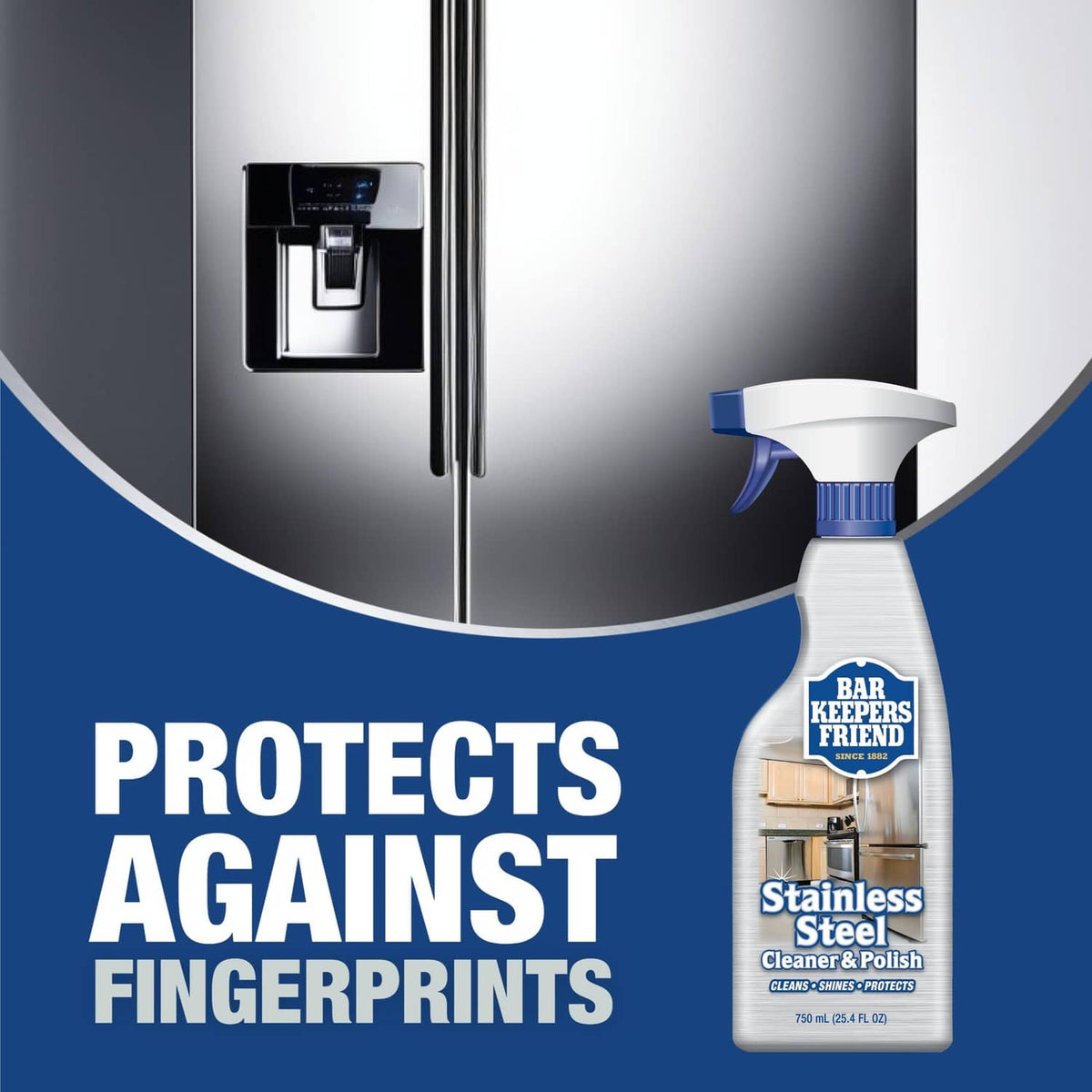 Stainless steel cleaner and polish spray bottle with blue trigger, Bar Keepers Friend label