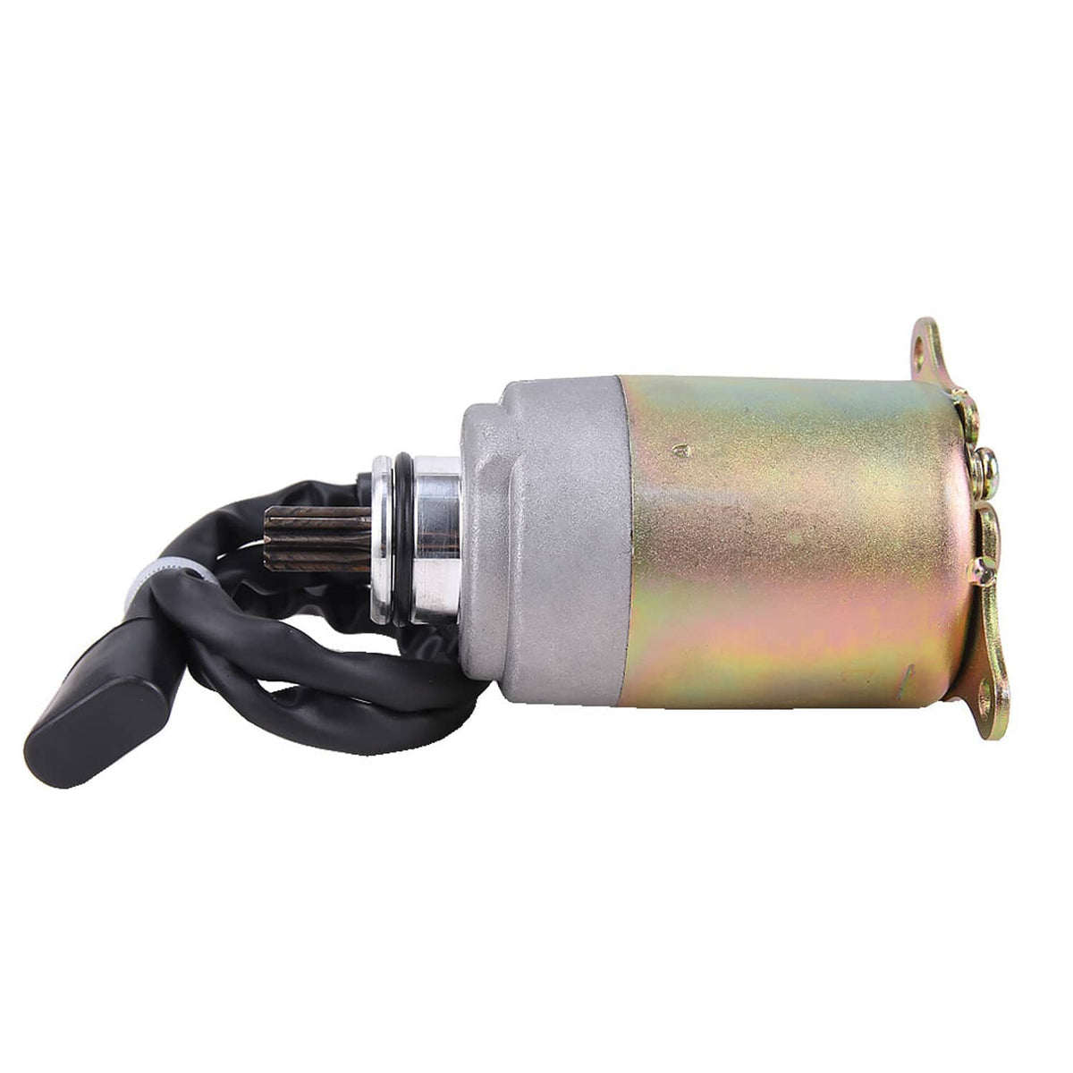 Starter motor with gray center housing, iridescent canister, black wire harness, side mounting holes