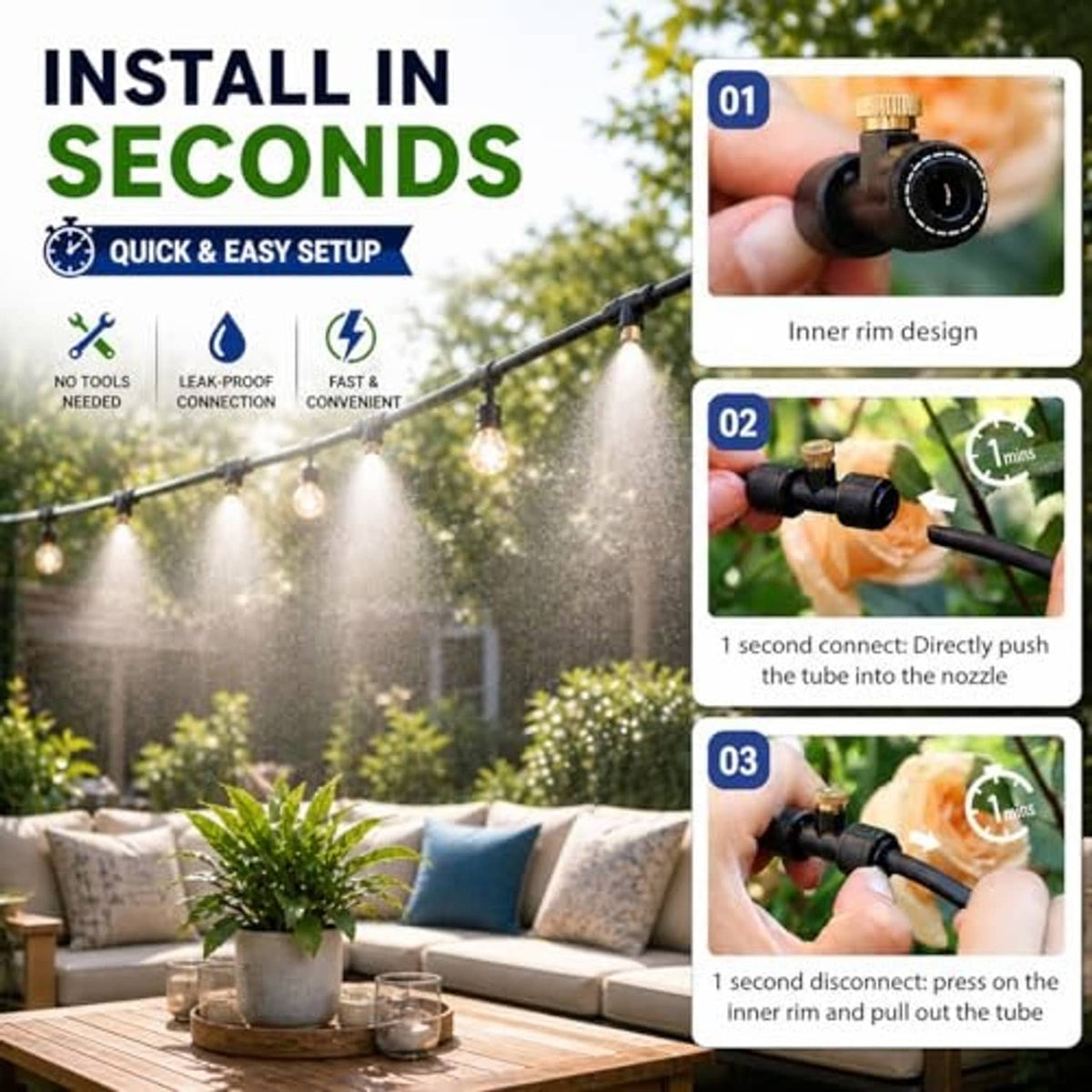 Outdoor misting cooling system setup with connected hose and spray nozzle
