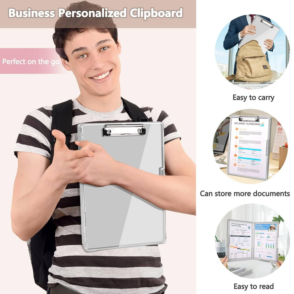 Business clipboard with storage held by person, featuring metal clip and document area