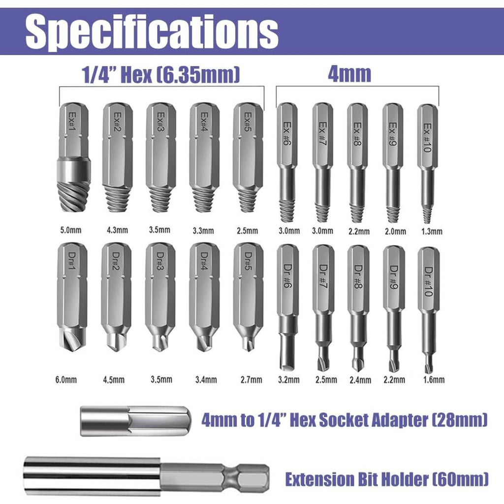Damaged screw extractor bits with 1/4 hex adapter and extension bit holder