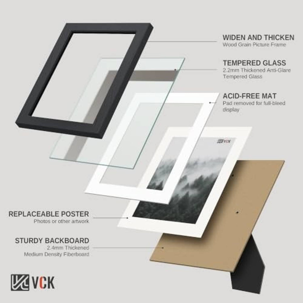 5x7 black frame with tempered glass and removable 4x6 mat, layered view
