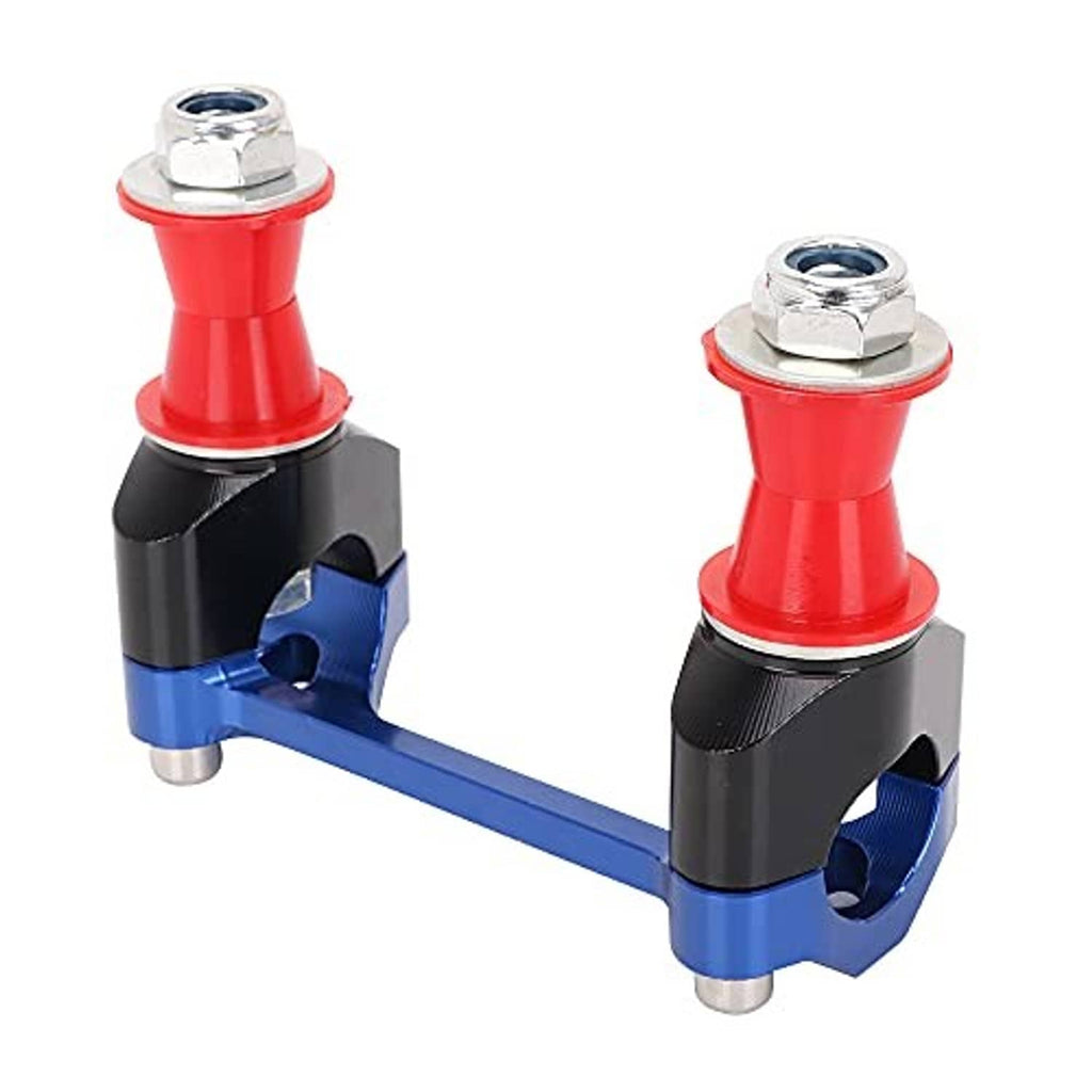 Two-piece blue handlebar riser clamp with black brackets and red spacers, silver nuts