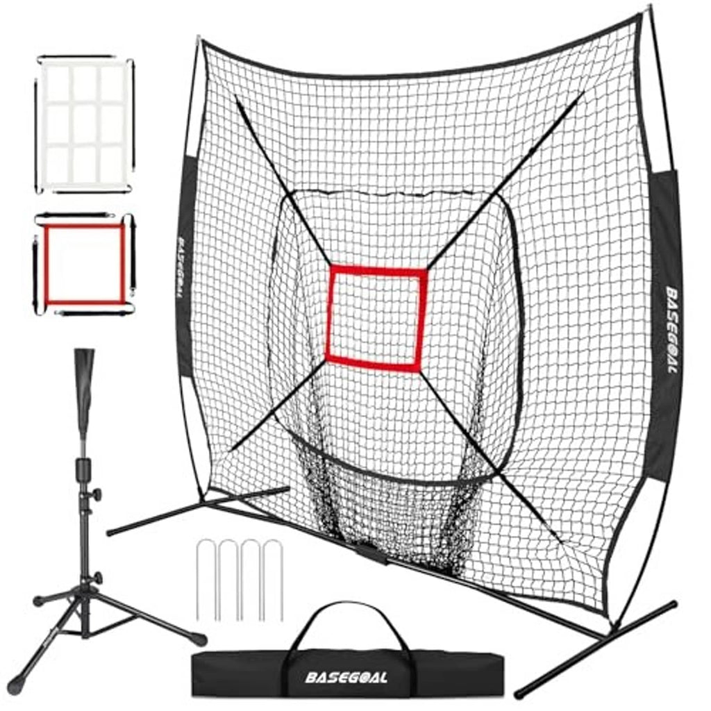Baseball practice net with red strike zone target on black mesh, foldable frame and stand