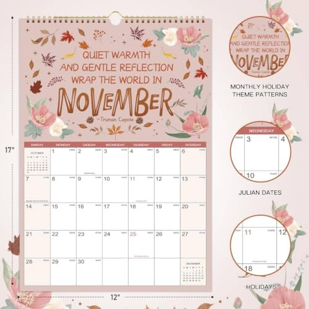 November 2027 wall calendar with pink floral cover, month grid, and holiday highlights