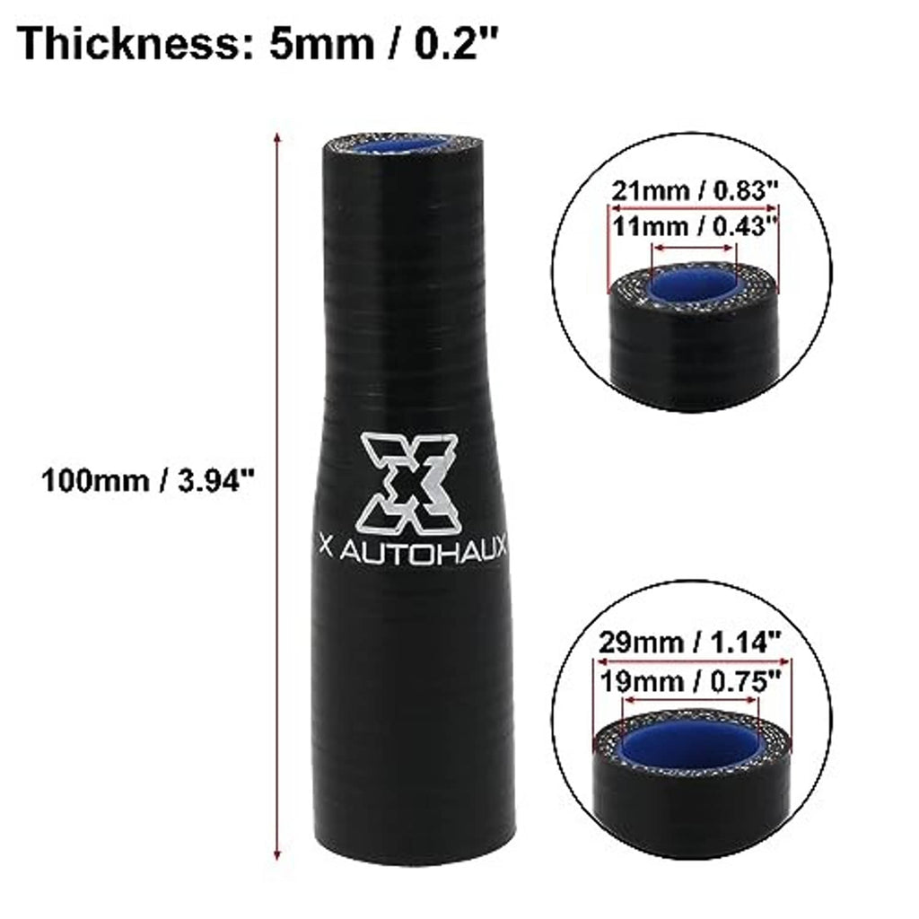 Black rubber hose reducer with blue inner openings, shown with size callouts
