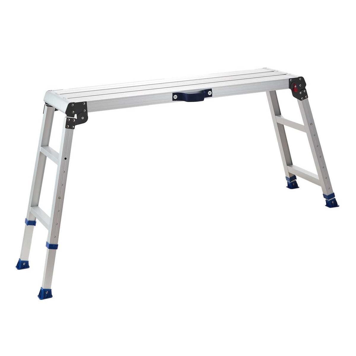 Folding work platform stool with gray frame and blue feet, adjustable height top