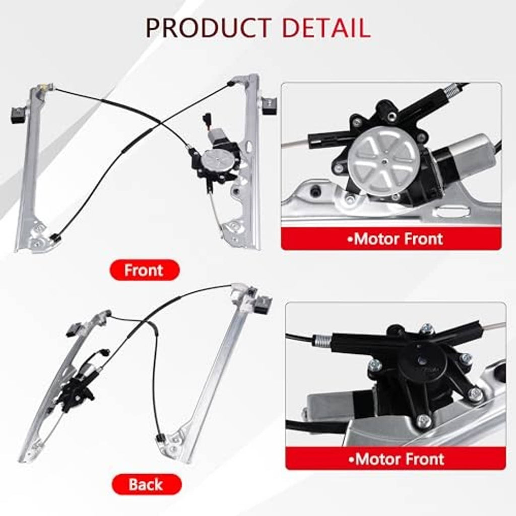 Power window regulator assembly showing front and rear guide rails with motor