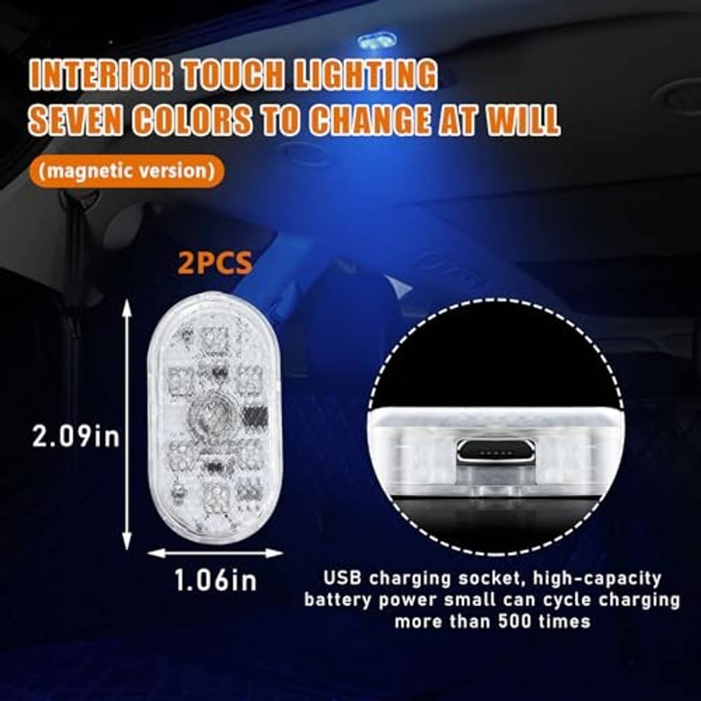 Car interior touch LED light, two-piece magnetic oval lights with multi-color illumination.