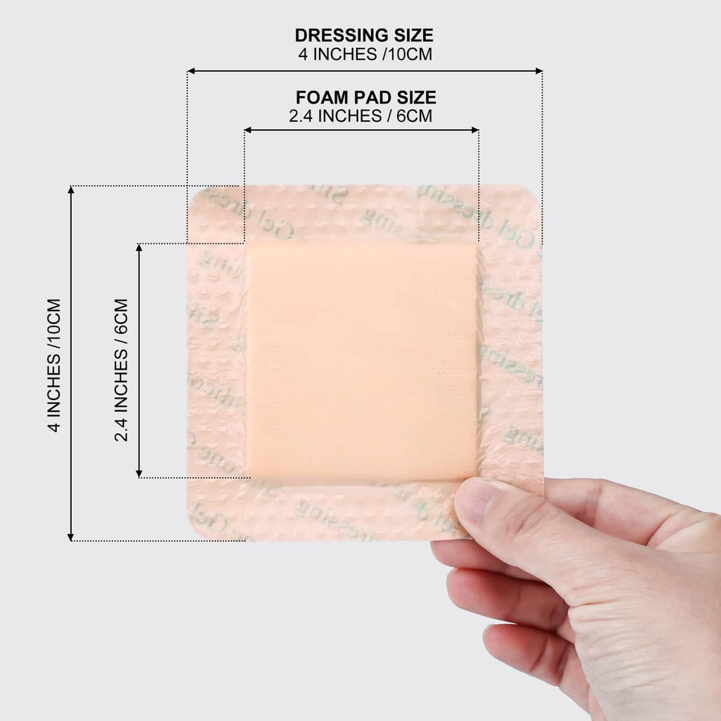 Silicone foam dressing pad size diagram, beige pad with white center