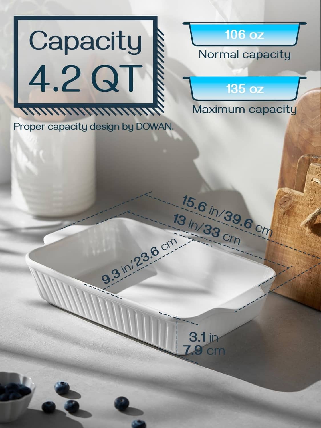 White ceramic baking dish, deep rectangular pan with smooth interior and ribbed sides.