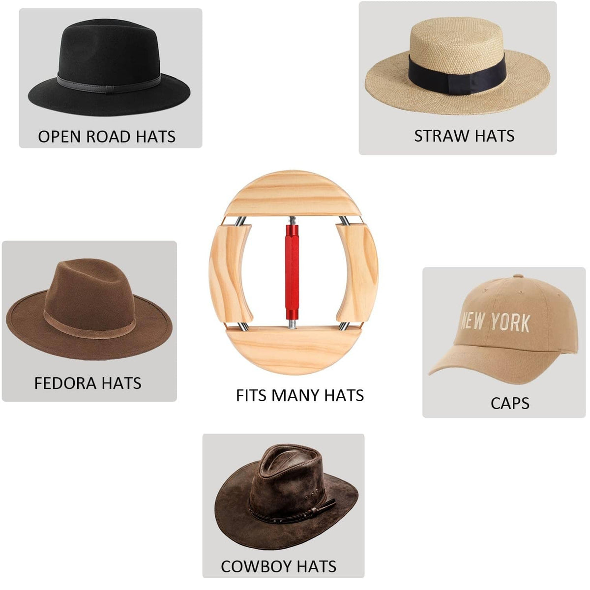 Hat stretcher with red rod on light wood frame, shown with open road and caps