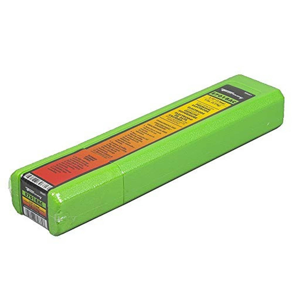 Green E7018AC welding rod package with barcode on one end