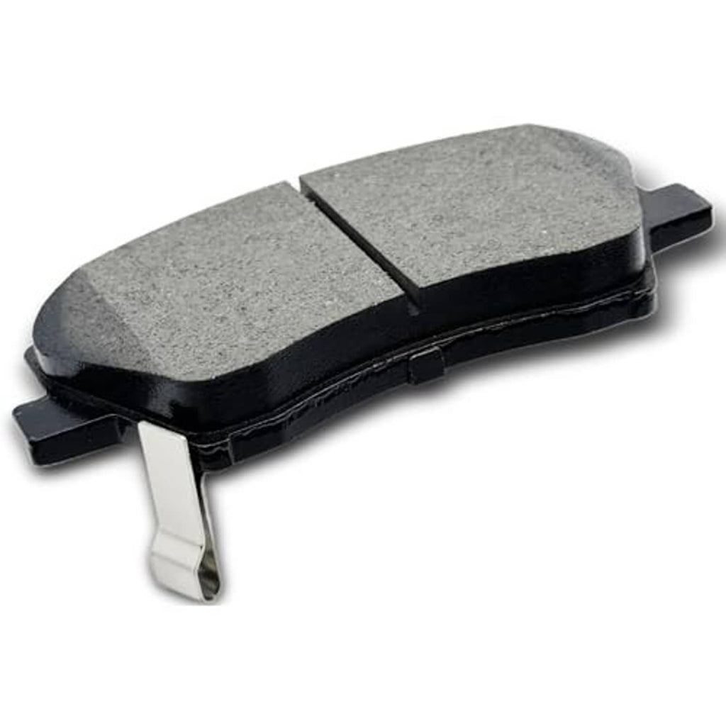 Gray ceramic brake pads on black backing with metal spring clip detail