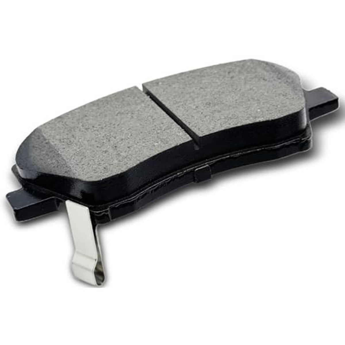 Gray ceramic brake pads on black backing with metal spring clip detail
