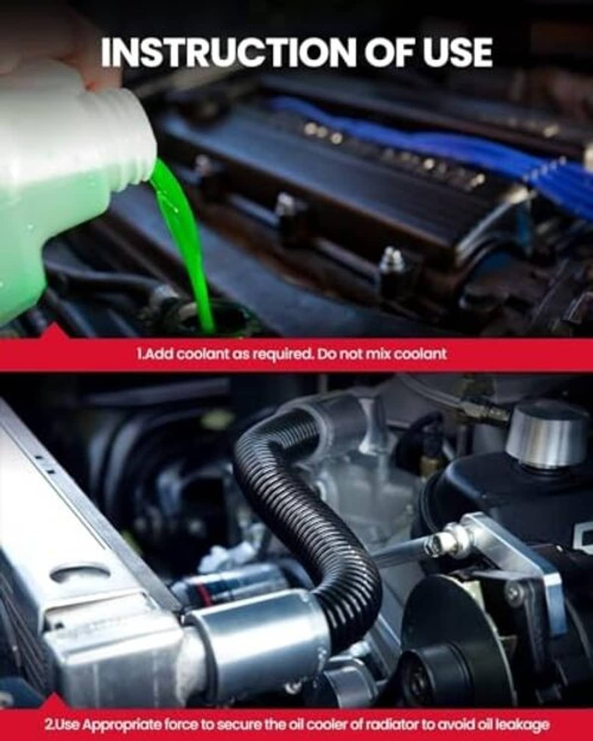 Radiator installation area with hose connections and a coolant fill opening near the tank.