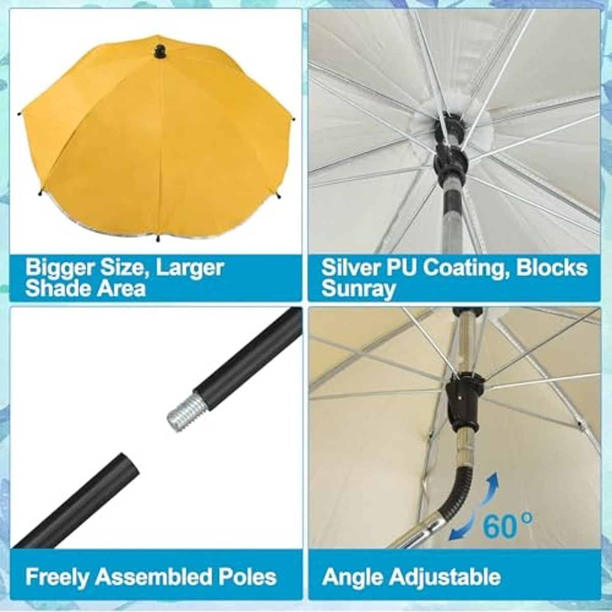 Outdoor plant umbrella feature panel showing assembled poles and adjustable support