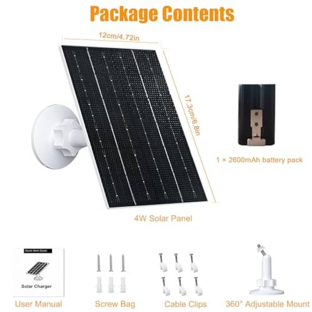 4W solar panel kit package contents with battery pack, mount, clips, and screws