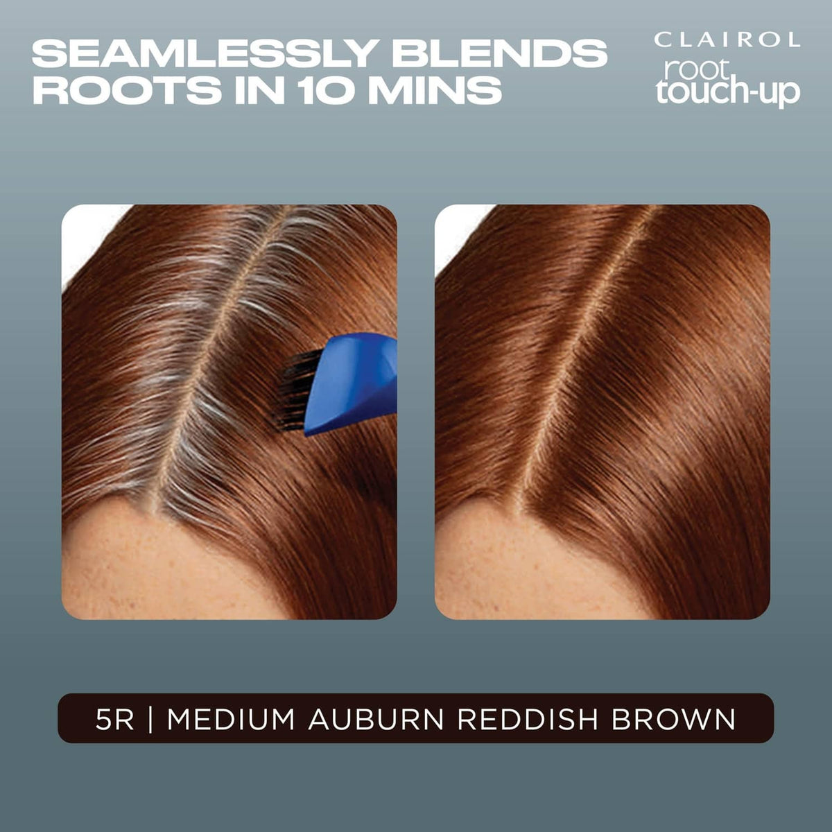 Clairol root touch-up close-up showing blended roots in 5R medium auburn