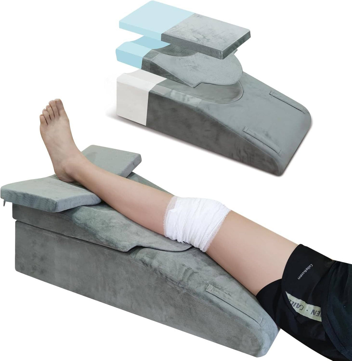 Knee extender elevation pillow with long foam support and elevated wedge for leg