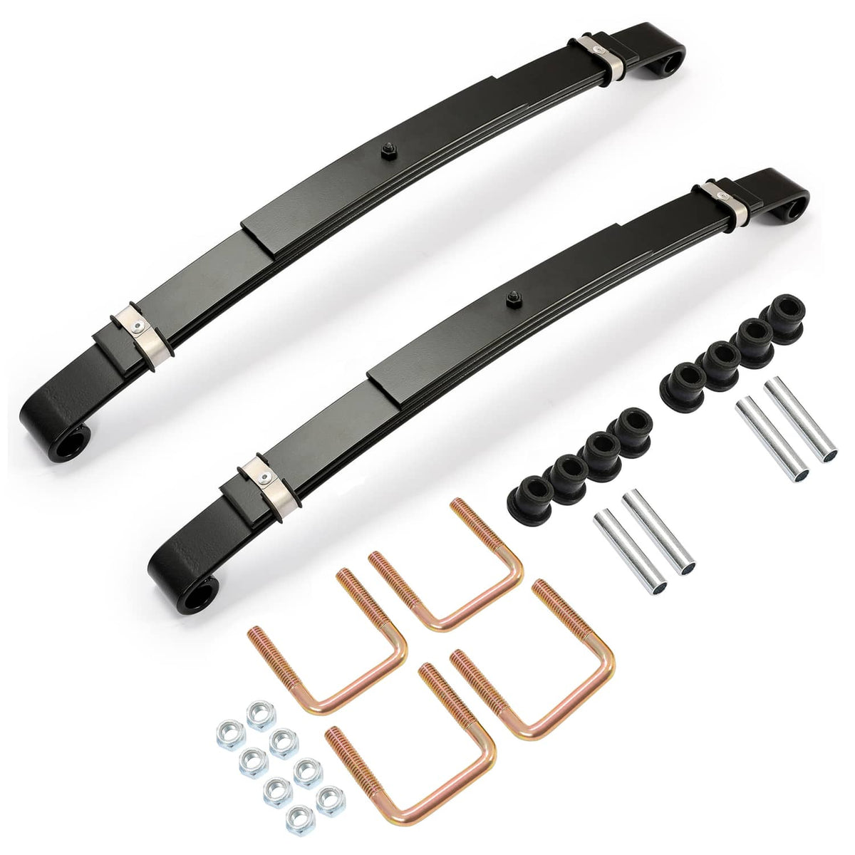Black rear leaf spring set with bushings, U-bolts, and mounting hardware (2-piece)